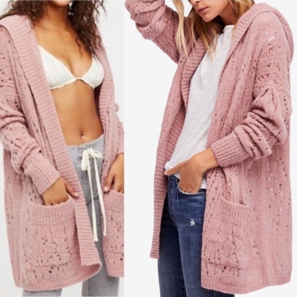 Free People Alpaca Hooded Dusty Pink Open Sweater, S - Picture 3 of 11